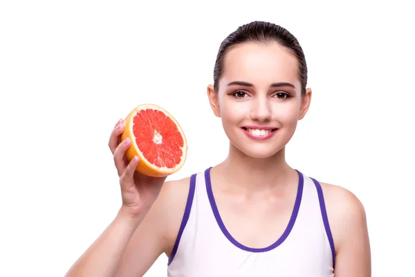 Frau mit Grapefruit isoliert auf weiß — Stockfoto