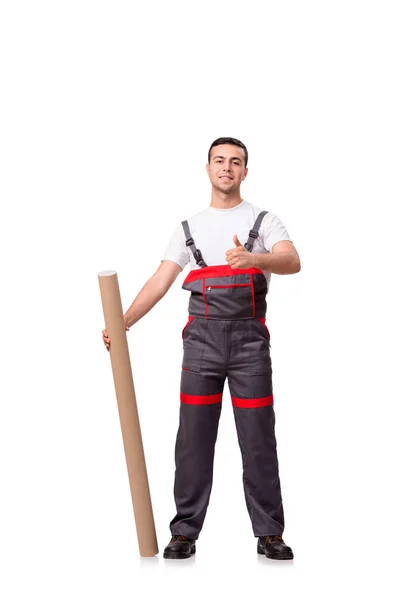 Plumber with plastic pipe isolated on white — Stock Photo, Image