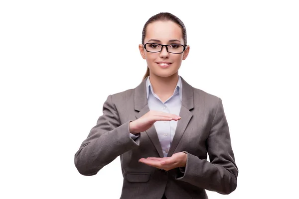 Bsuinesswoman pressing virtual buttons isolated on white — Stock Photo, Image