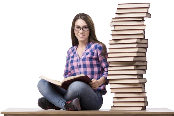 Junge Studentin bereitet sich auf die College-Prüfungen isoliert auf weiß — Stockfoto