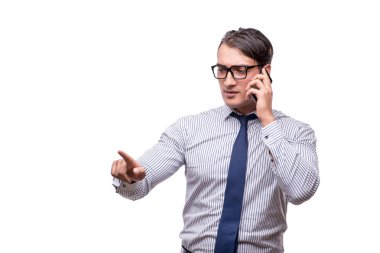 Yakışıklı işadamı cep telefonu üzerinde beyaz izole ile çalışma