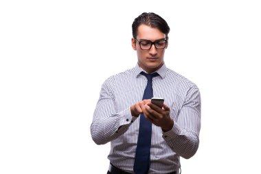 Adam beyaz izole hareket eden smartphone ile