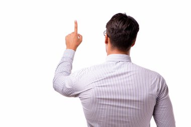 Genç yakışıklı işadamı beyaz izole düğmelere basarak