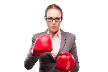 Businewoman üzerinde beyaz izole boks eldivenli