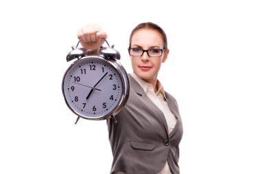 İle dev çalar saat üzerinde beyaz izole işkadını