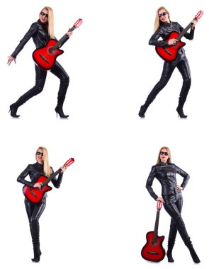 Beyaz tenli gitar çalan genç bir kadın.