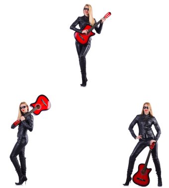 Beyaz tenli gitar çalan genç bir kadın.