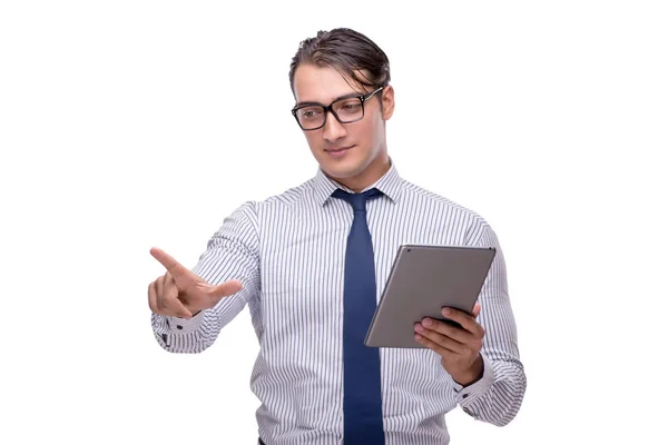 Knappe zakenman werken met tablet pc geïsoleerd op wh — Stockfoto