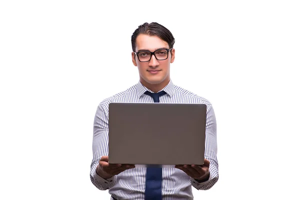 白色手提电脑隔离的男人 — 图库照片