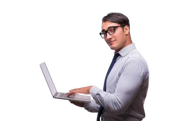 Dizüstü bilgisayarı olan adam beyazda izole edildi — Stok fotoğraf