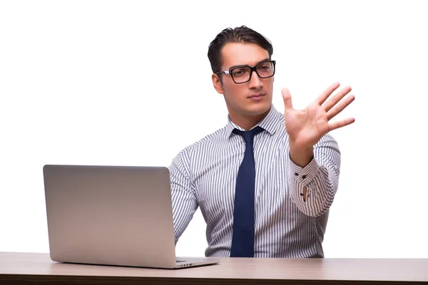 Uomo con laptop isolato su bianco — Foto Stock