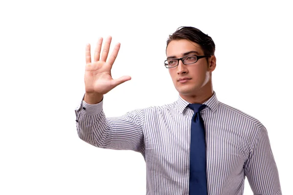 Joven hombre de negocios guapo presionando botones aislados en blanco — Foto de Stock