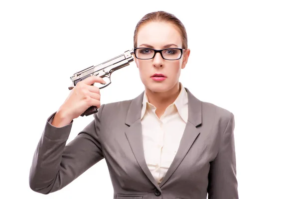 Geschäftsfrau mit Handfeuerwaffe isoliert auf Weiß — Stockfoto
