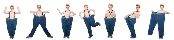 Homem engraçado com calças isoladas em branco — Fotografia de Stock
