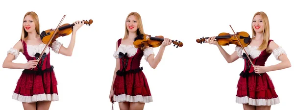 흰색으로 분리 된 바이올린을 연주하는 바이에른 소녀 — 스톡 사진