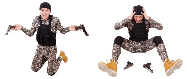 Soldat med pistol isolerad på vitt — Stockfoto