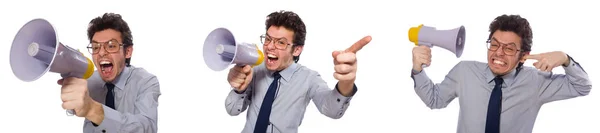 Hombre con altavoz aislado en blanco — Foto de Stock