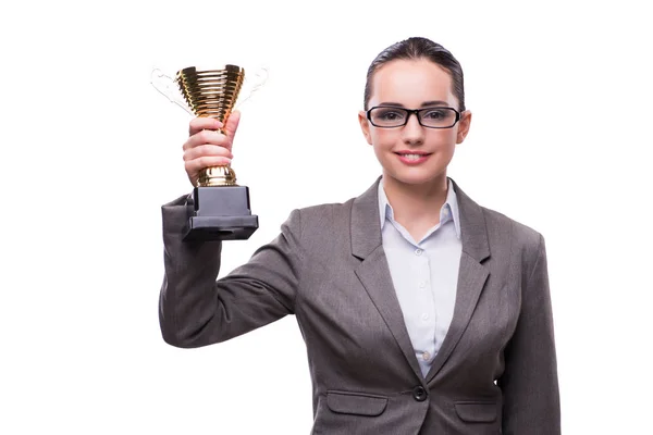 Femme d'affaires avec trophée tasse isolé sur blanc — Photo