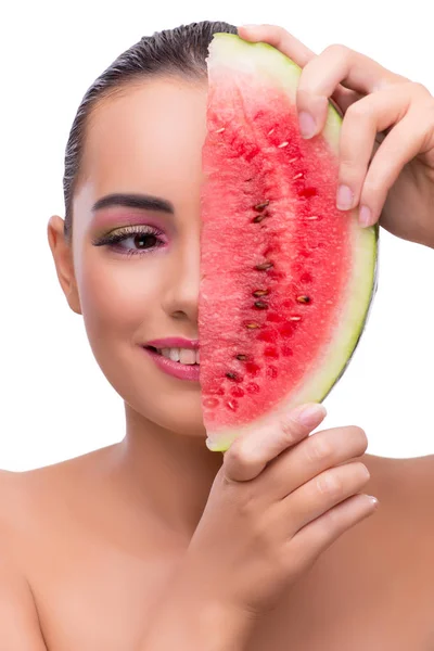 Woman with watermelon slice isolated on white — Stock Photo, Image