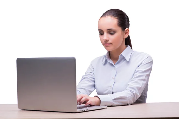 Jovem empresária com laptop isolado em branco — Fotografia de Stock