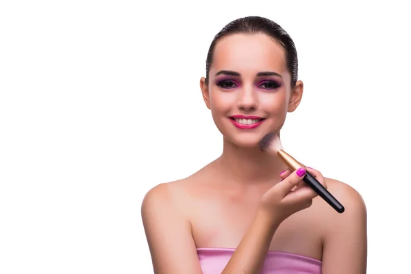 Mujer consiguiendo maquillaje aislado en blanco — Foto de Stock