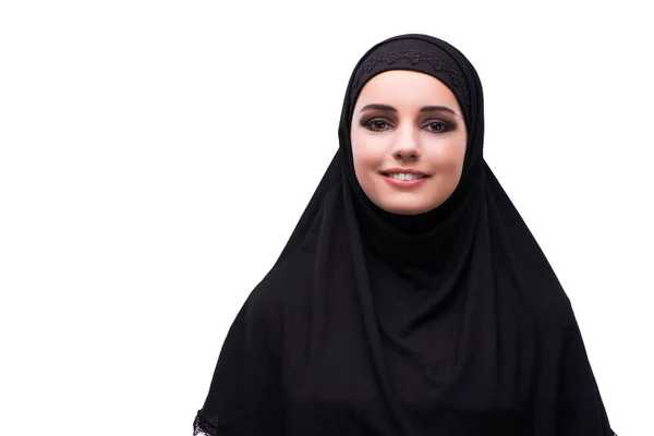 Moslimvrouw in zwarte jurk geïsoleerd op wit — Stockfoto