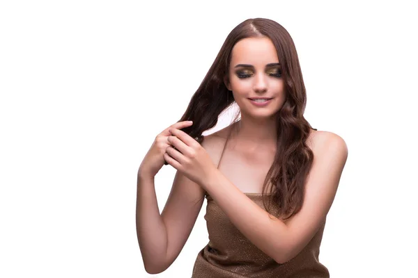 Giovane donna con bei capelli isolati su bianco — Foto Stock