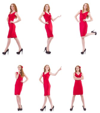 Kırmızı elbiseli güzel bir kız, beyaz tenli.