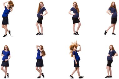 Karmaşık görüntülü hamile kadın beyazda izole edilmiş.