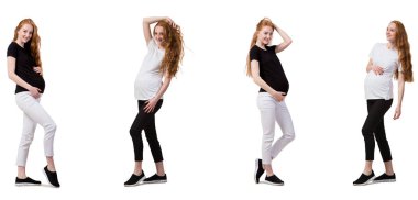 Karmaşık görüntülü hamile kadın beyazda izole edilmiş.