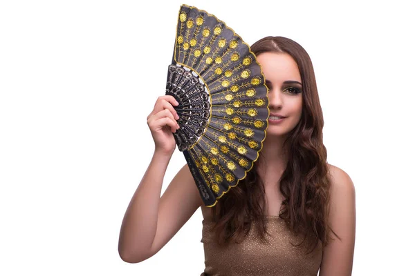Vrouw met ventilator geïsoleerd op wit — Stockfoto