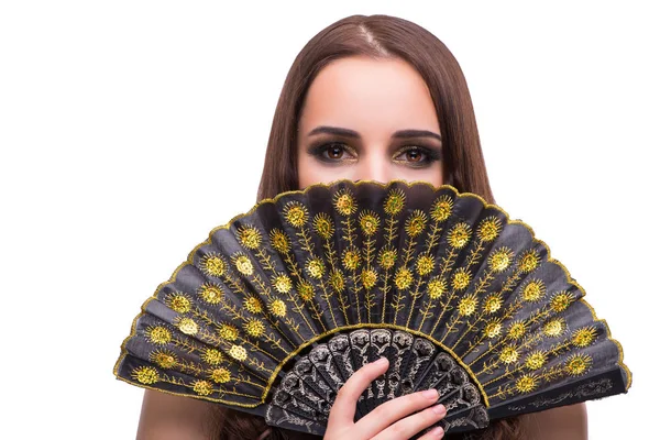 Woman with fan isolated on white — Stock Photo, Image