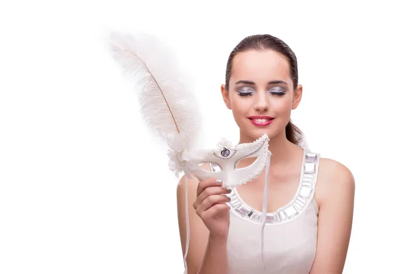 Junge Frau mit Karnevalsmaske isoliert auf weißem Grund — Stockfoto