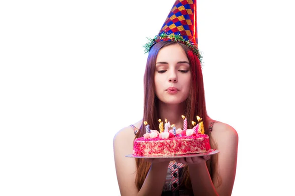 Junge Frau Mädchen mit Kuchen isoliert auf weiß — Stockfoto