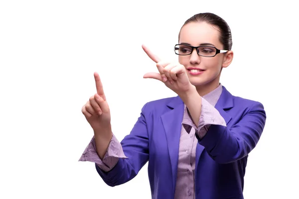 Femme d'affaires appuyant sur le bouton virtuel isolé sur blanc — Photo