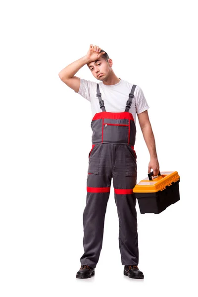 Tired repairman isolated on white — Stock Photo, Image