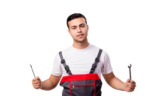 Homem com chave isolada em branco — Fotografia de Stock