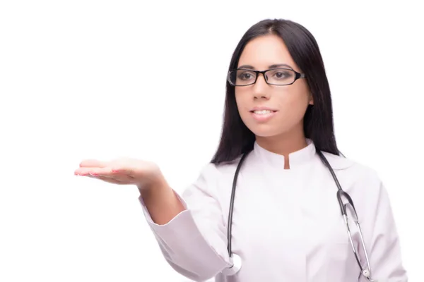 年轻女医生在医学概念上孤立于白人之上 — 图库照片