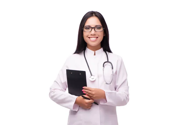 Νεαρή γυναίκα γιατρός στην ιατρική έννοια απομονώνονται σε λευκό — Φωτογραφία Αρχείου