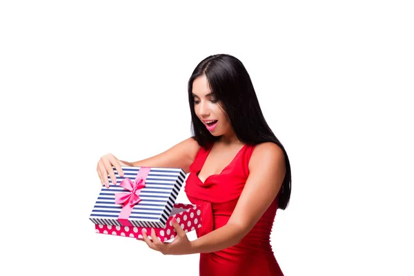 Woman with giftbox isolated on the white background — Stock Photo, Image