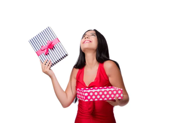 Vrouw met geschenkdoos geïsoleerd op de witte achtergrond — Stockfoto