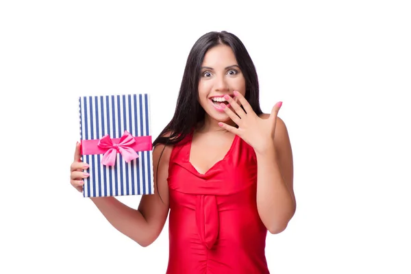 Woman with giftbox isolated on the white background — Stock Photo, Image