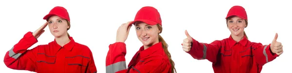 Mujer en mono rojo aislado en blanco — Foto de Stock