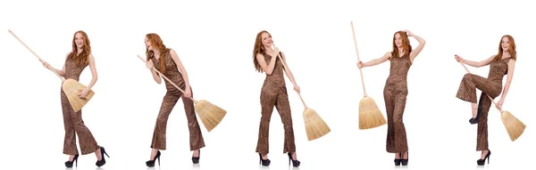 Woman cleaning floor isolated on white — Stock Photo, Image