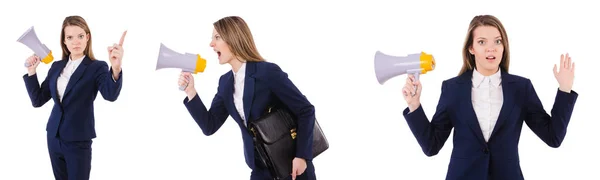 Businesswoman with loudspeaker isolated on white — Stock Photo, Image