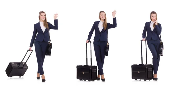 Jeune femme d'affaires avec valise isolée sur blanc — Photo