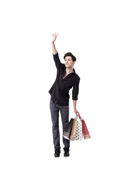 年轻人在购物上白色孤立的概念 — 图库照片