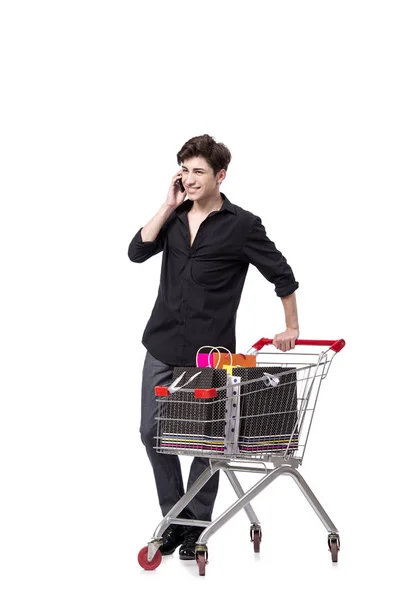 Young man in shopping concept isolated on white — Stock Photo, Image