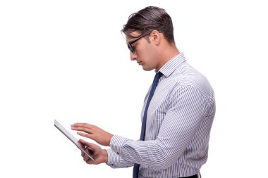 Yakışıklı işadamı wh izole tablet bilgisayar ile çalışma