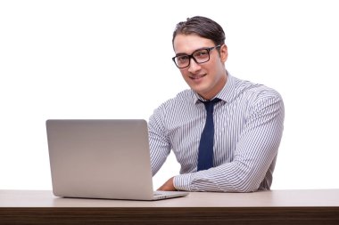 Yakışıklı işadamı wh izole dizüstü bilgisayar ile çalışma